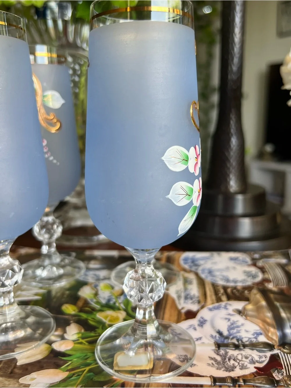 Vtg Czech Crystal Blue Frosted Floral Champagne Glasses - Set of 4